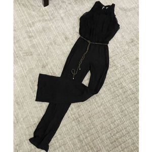 Trina Turk Black Jumpsuit Sleeveless Jumper with gold tie belt SZ S